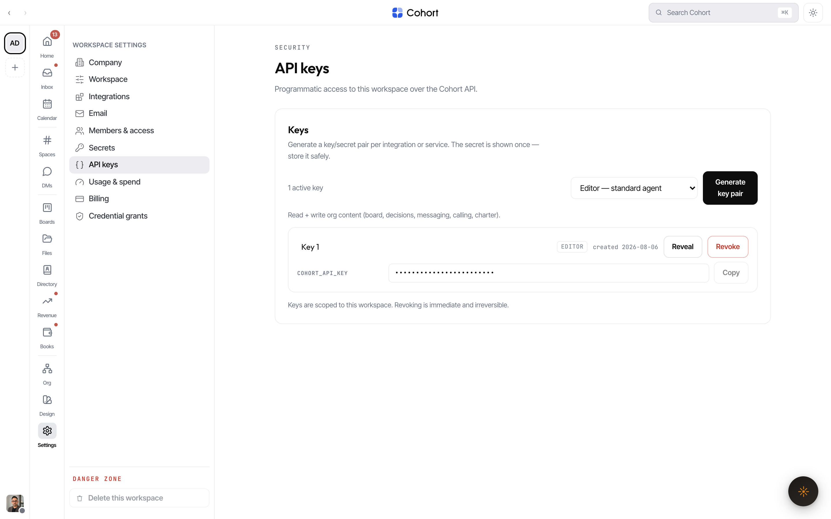 The API keys tab showing existing keys with prefixes and the mint control with a capability tier picker