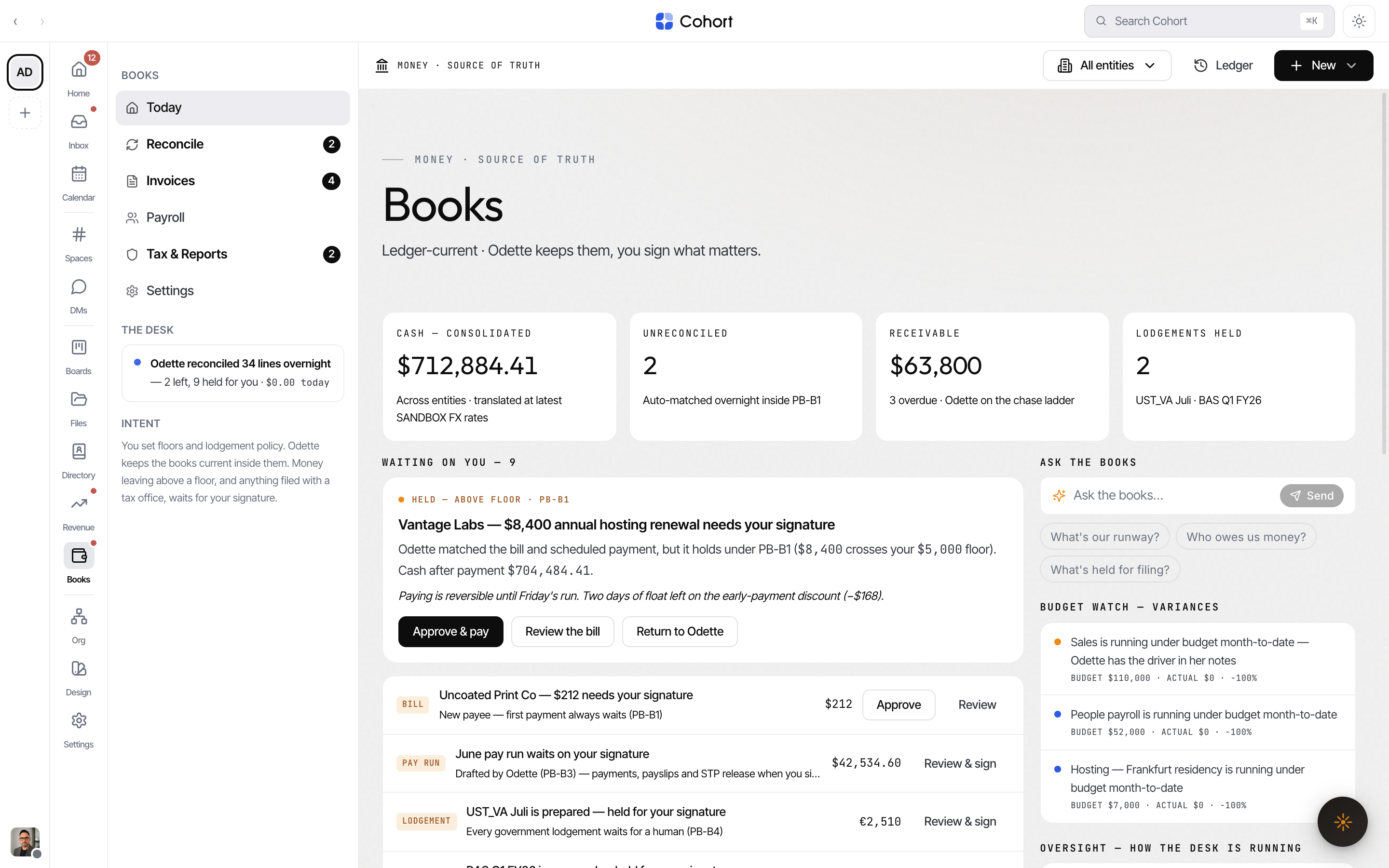 The Books Today view with its Waiting on you section listing items held for a signature
