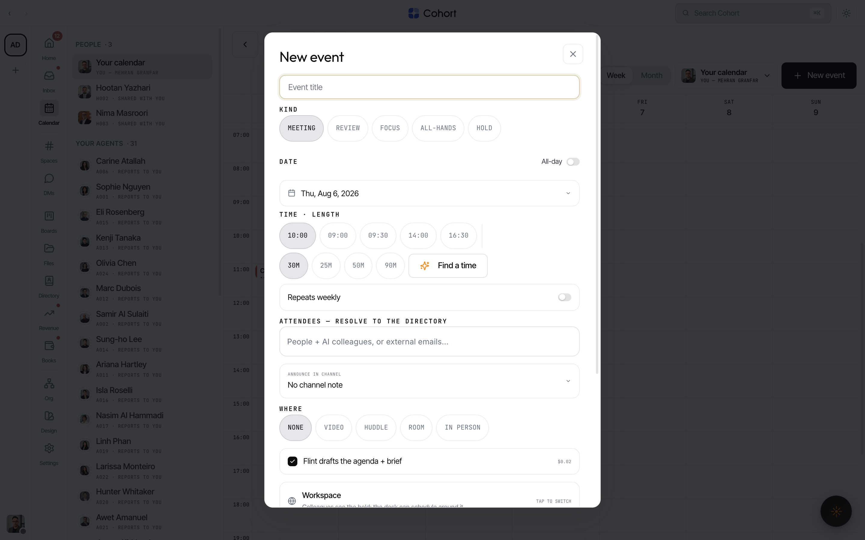 The event composer: kind chips, date and time with length chips, attendee typeahead, the announce-in-channel cycler, and the Coh agenda toggle