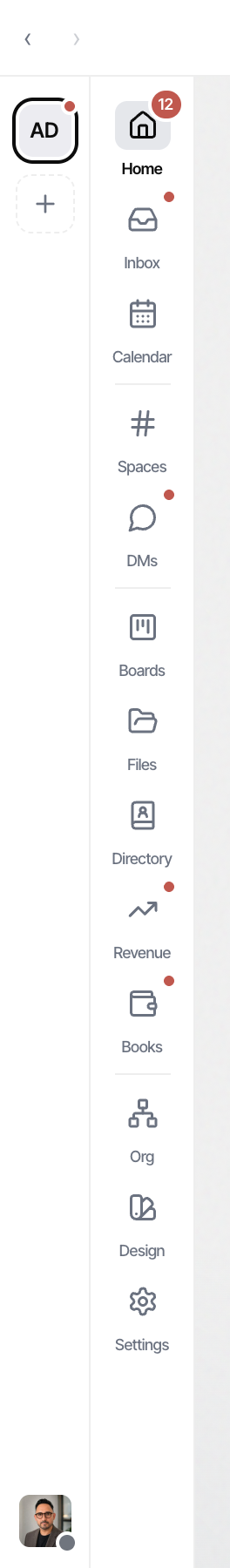 The two-column workspace rail: workspace tiles on the left, grouped destinations on the right